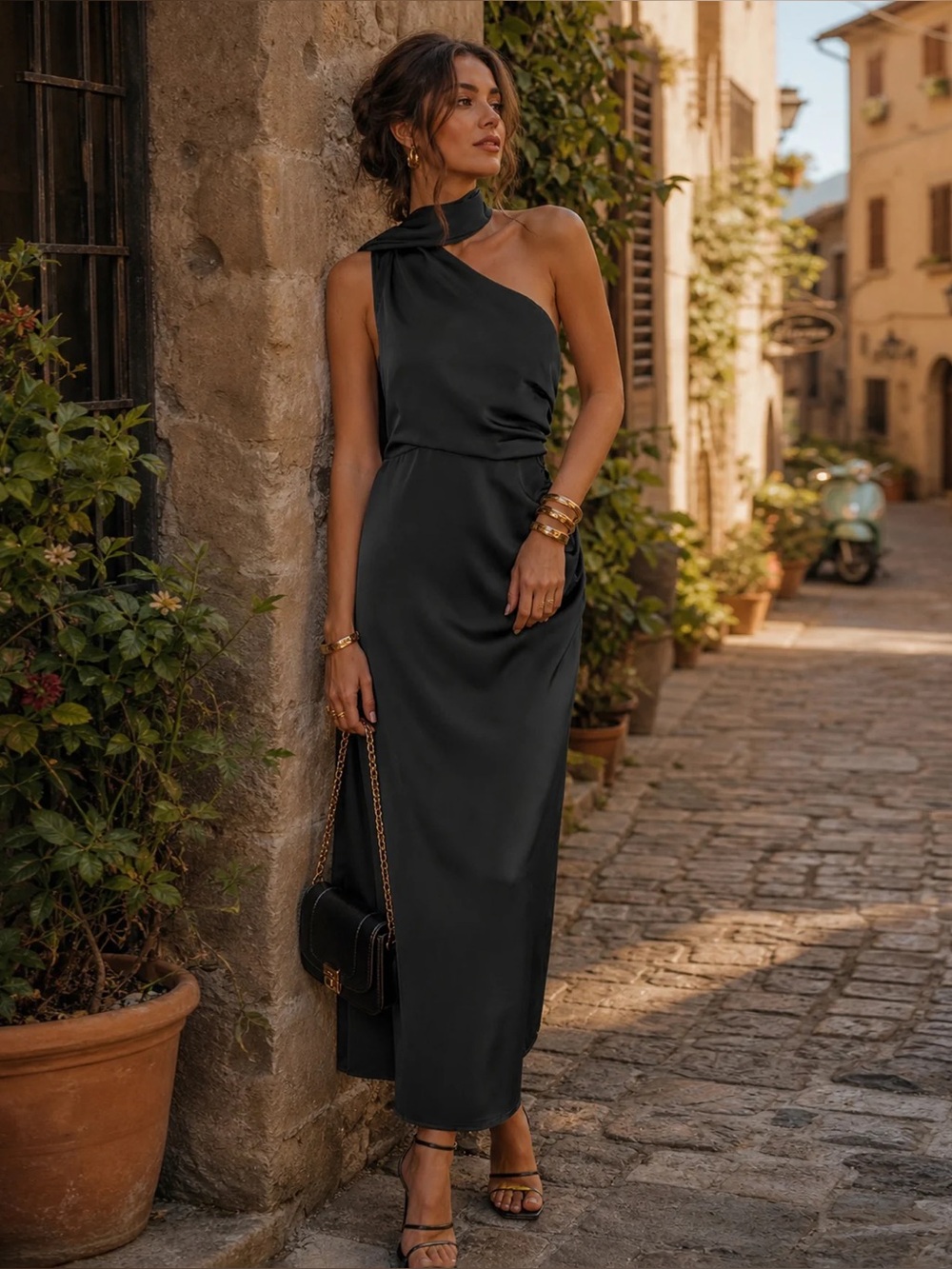 NWT - RIHOAS One-Shoulder Black Satin Maxi Dress
